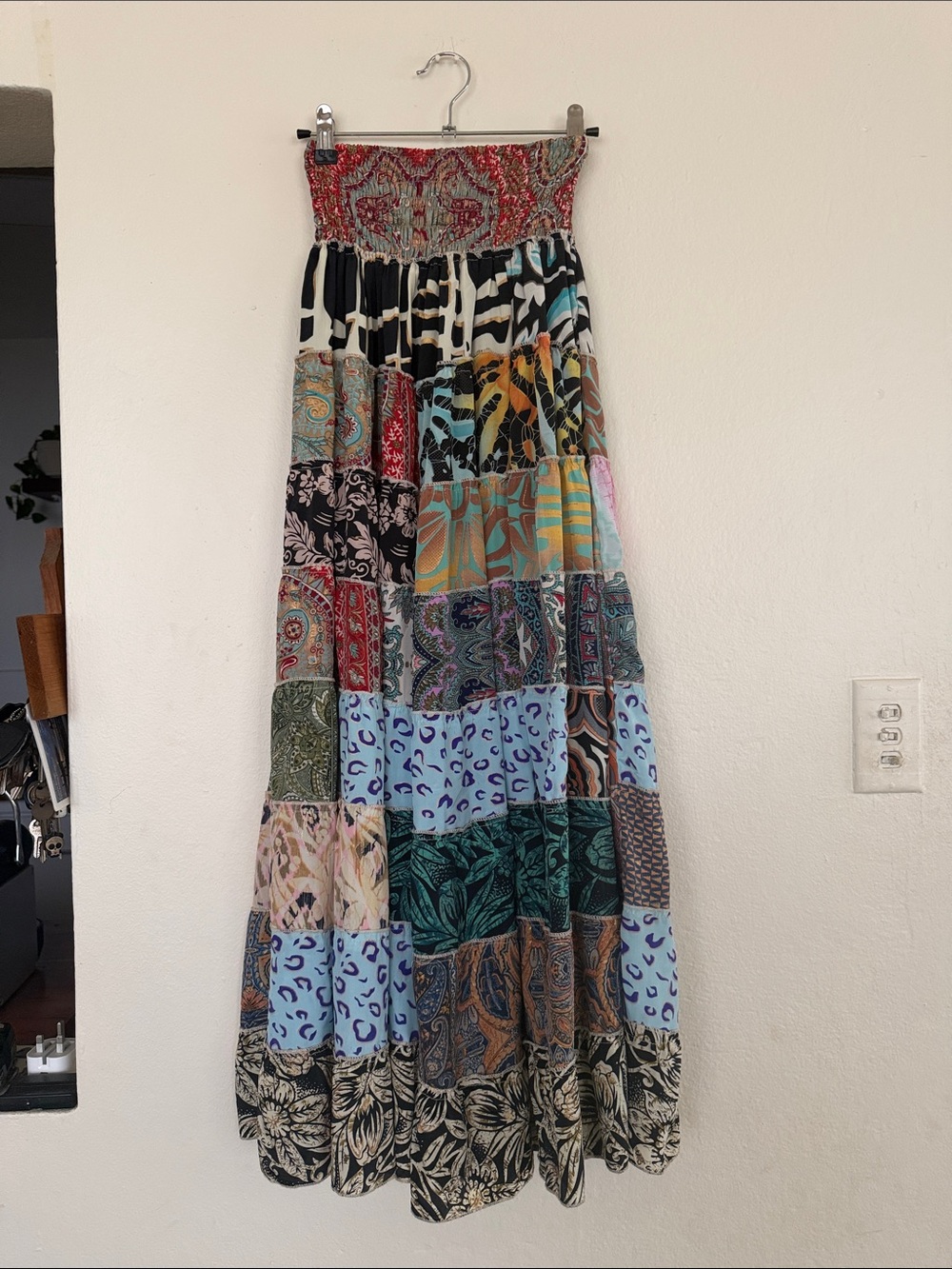 Boho Patchwork Maxi Skirt with Smocked Waistband - Multicolor One Size